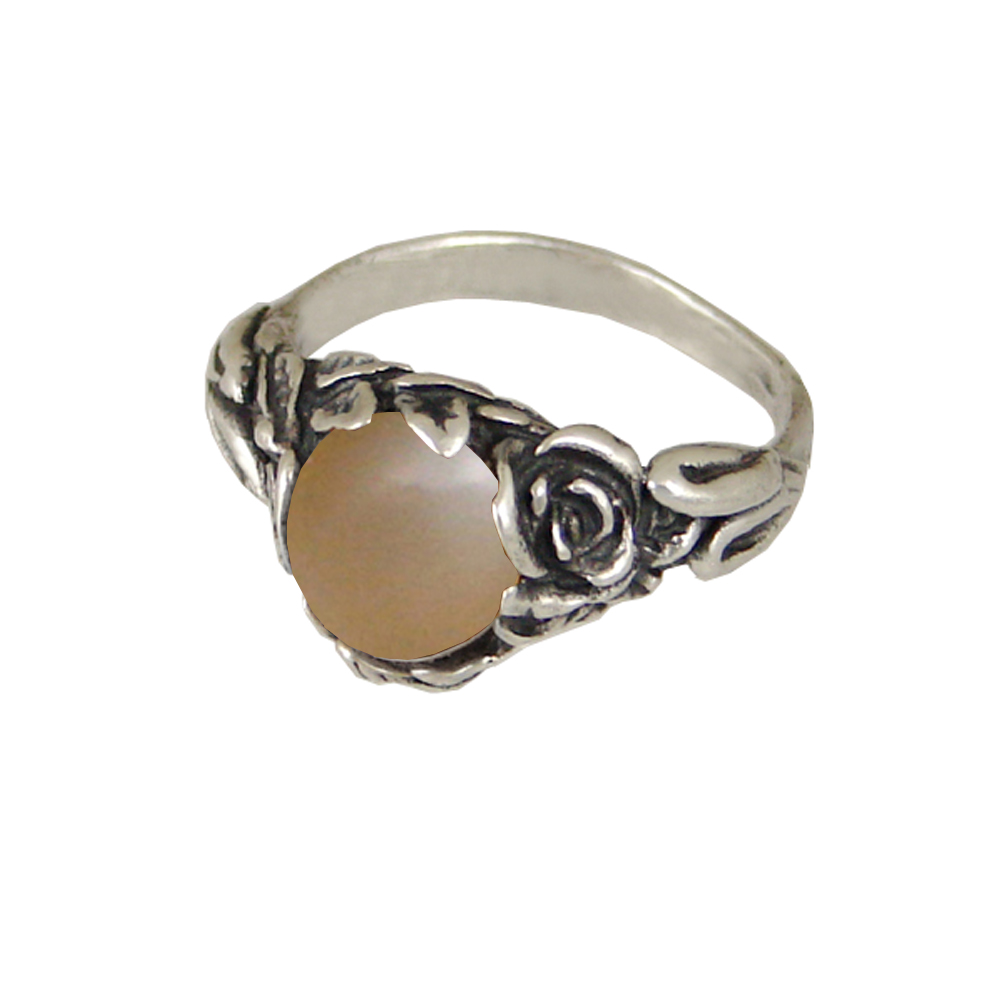 Sterling Silver Rose Ring with Peach Moonstone Size 5